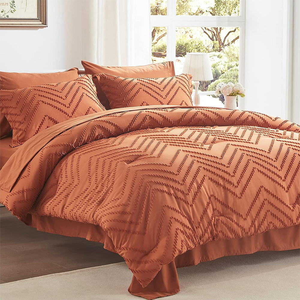 Brown jacquard boho wave clipped comforter set 7pcs comforter na may bed sheet set